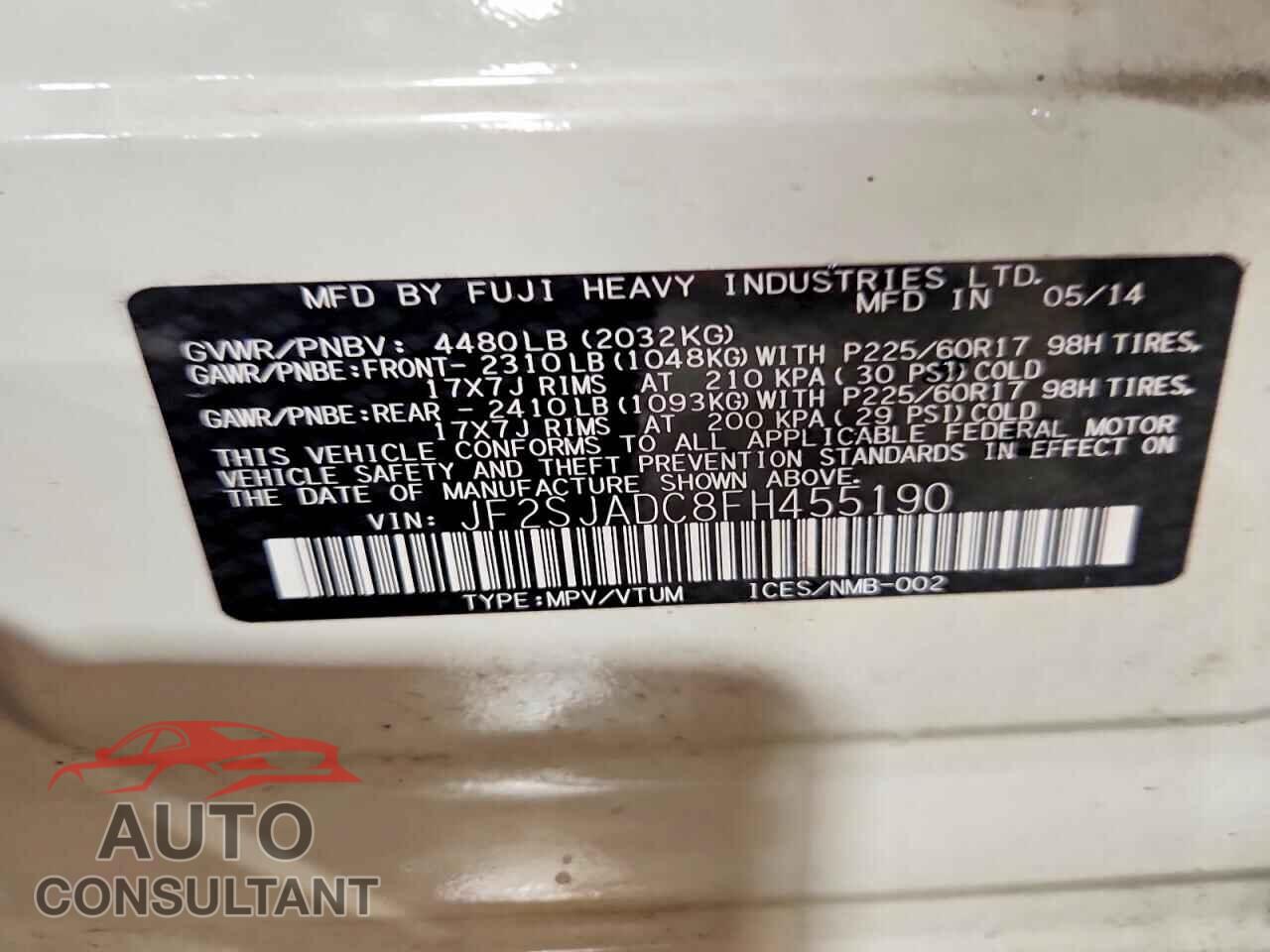 SUBARU FORESTER 2015 - JF2SJADC8FH455190