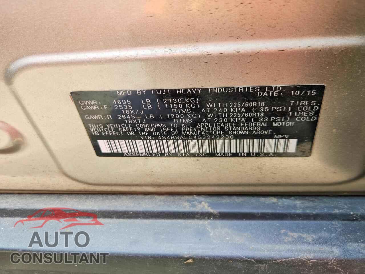 SUBARU OUTBACK 2016 - 4S4BSALC4G3242230