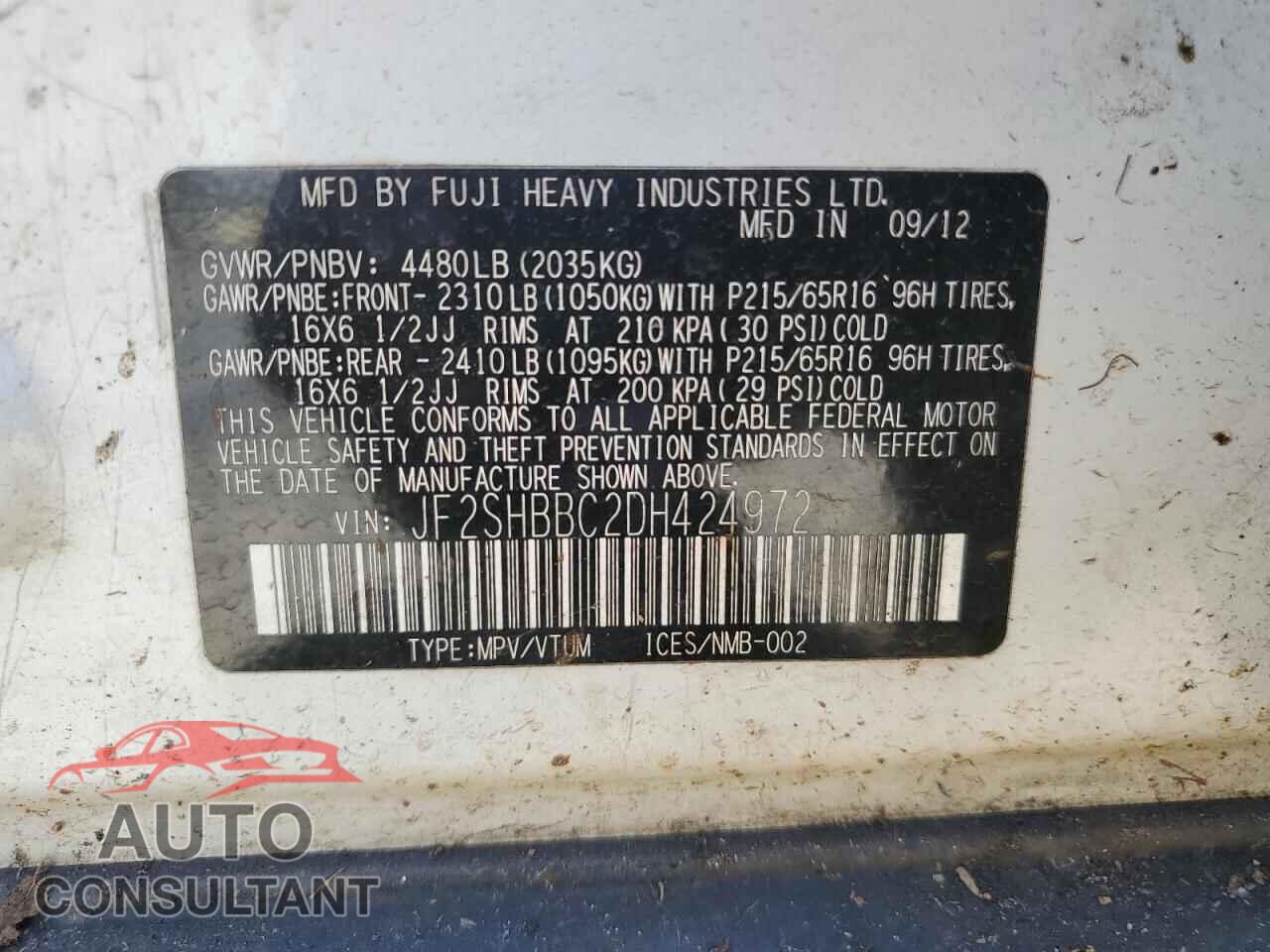 SUBARU FORESTER 2013 - JF2SHBBC2DH424972