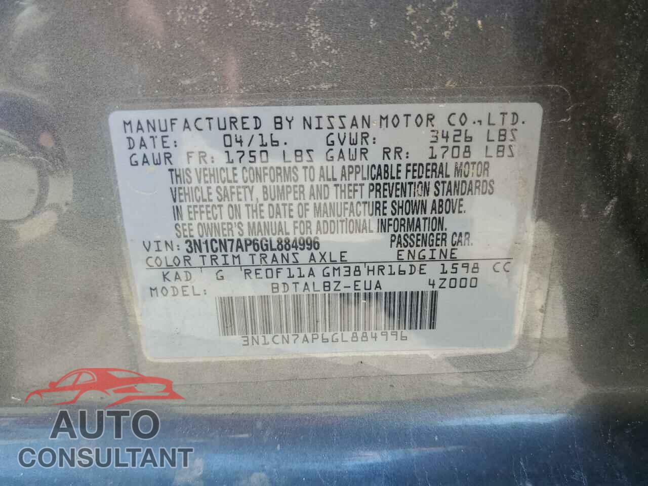 NISSAN VERSA 2016 - 3N1CN7AP6GL884996