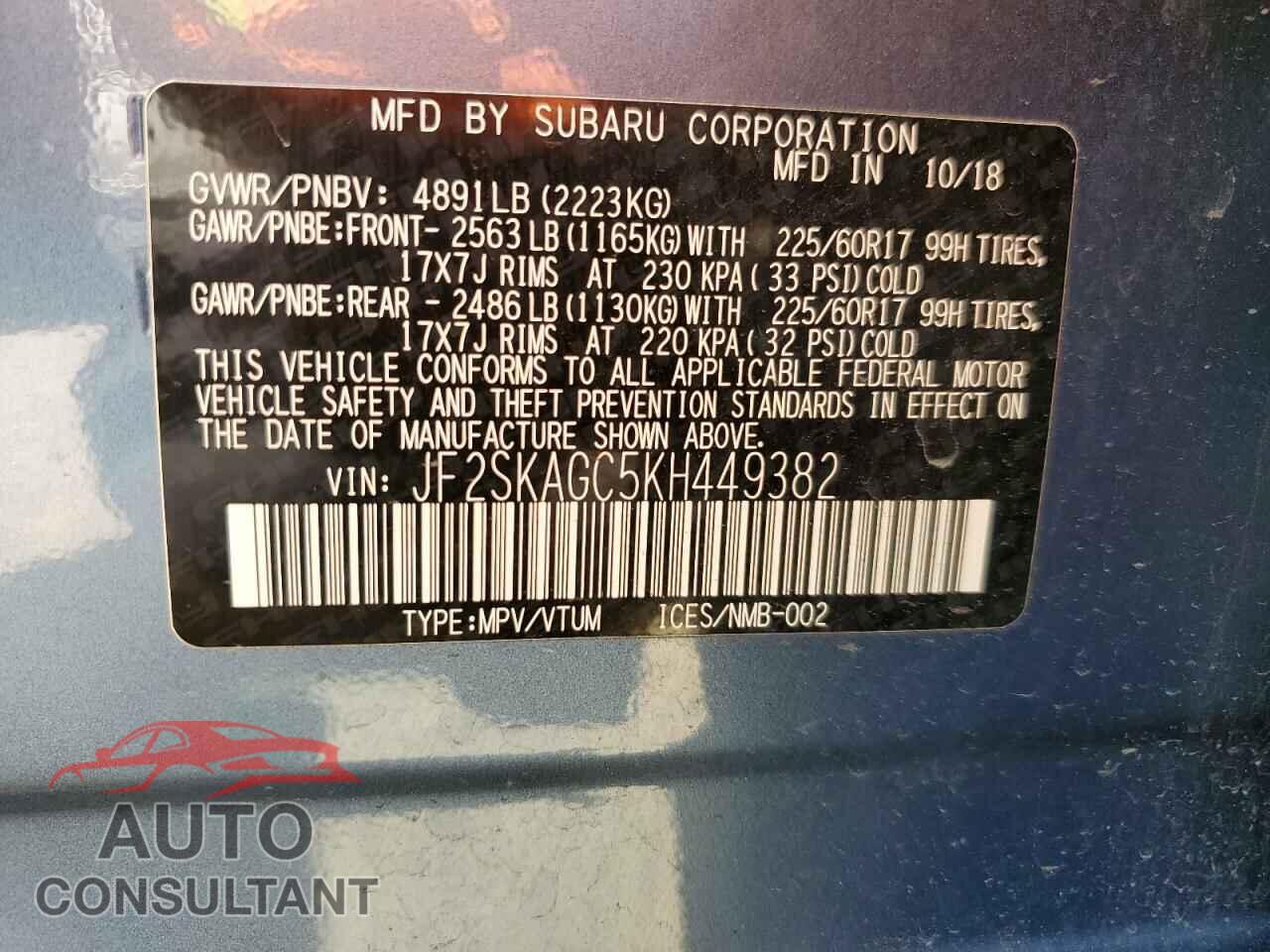 SUBARU FORESTER 2019 - JF2SKAGC5KH449382