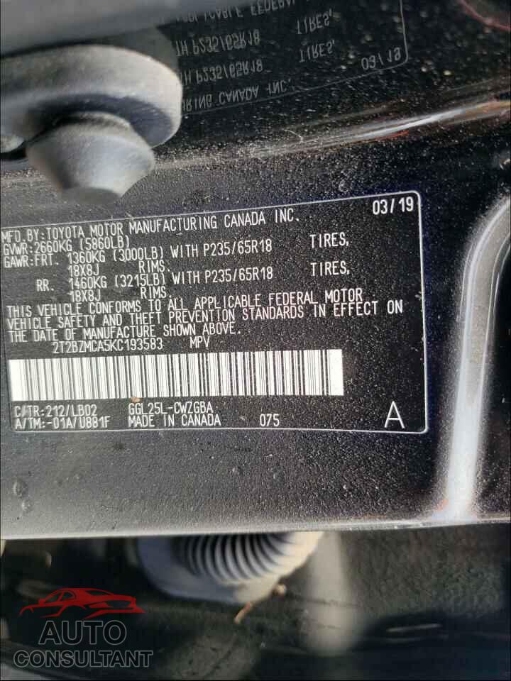 LEXUS RX350 2019 - 2T2BZMCA5KC193583