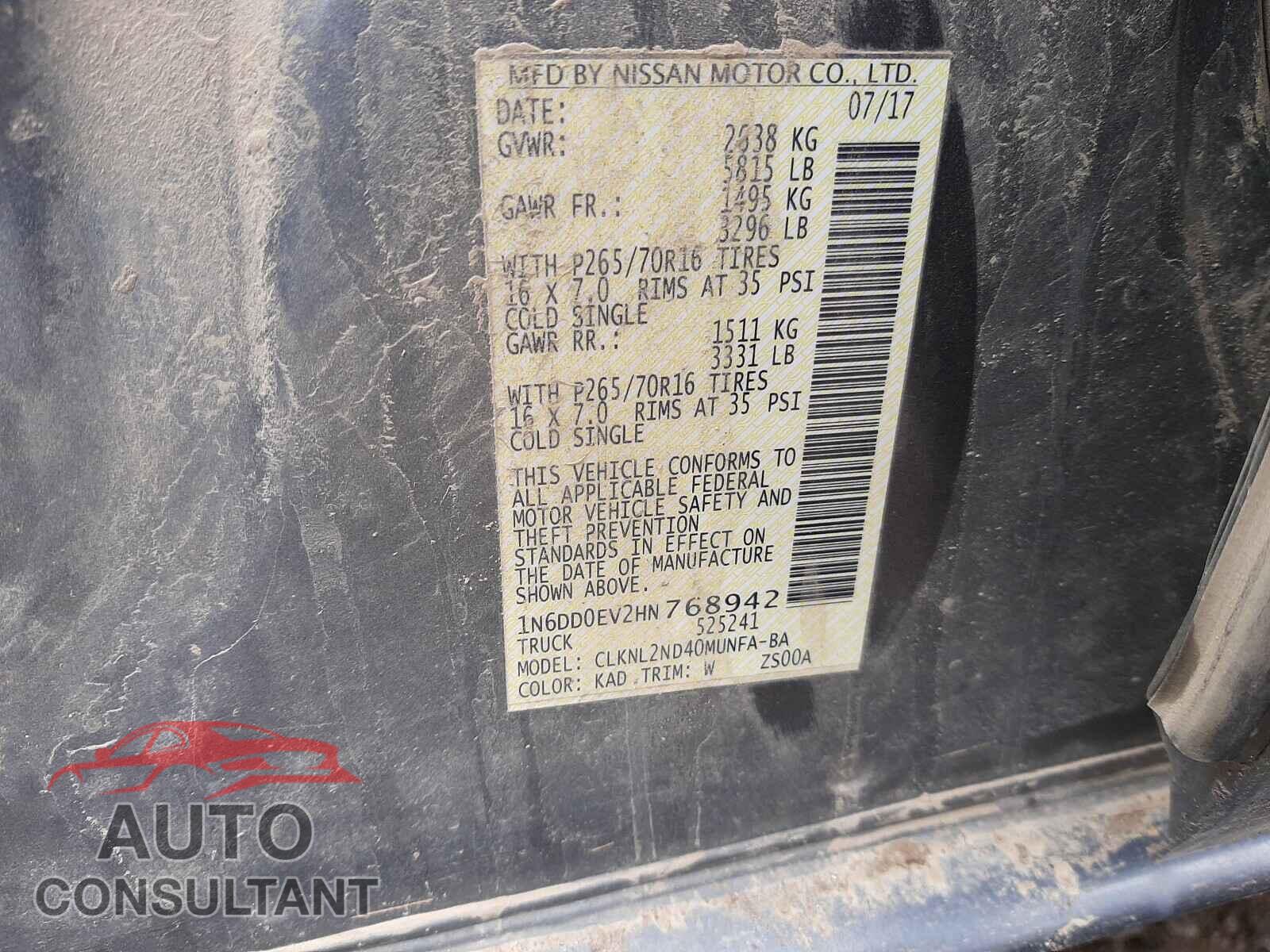 NISSAN FRONTIER 2017 - 1N6DD0EV2HN768942