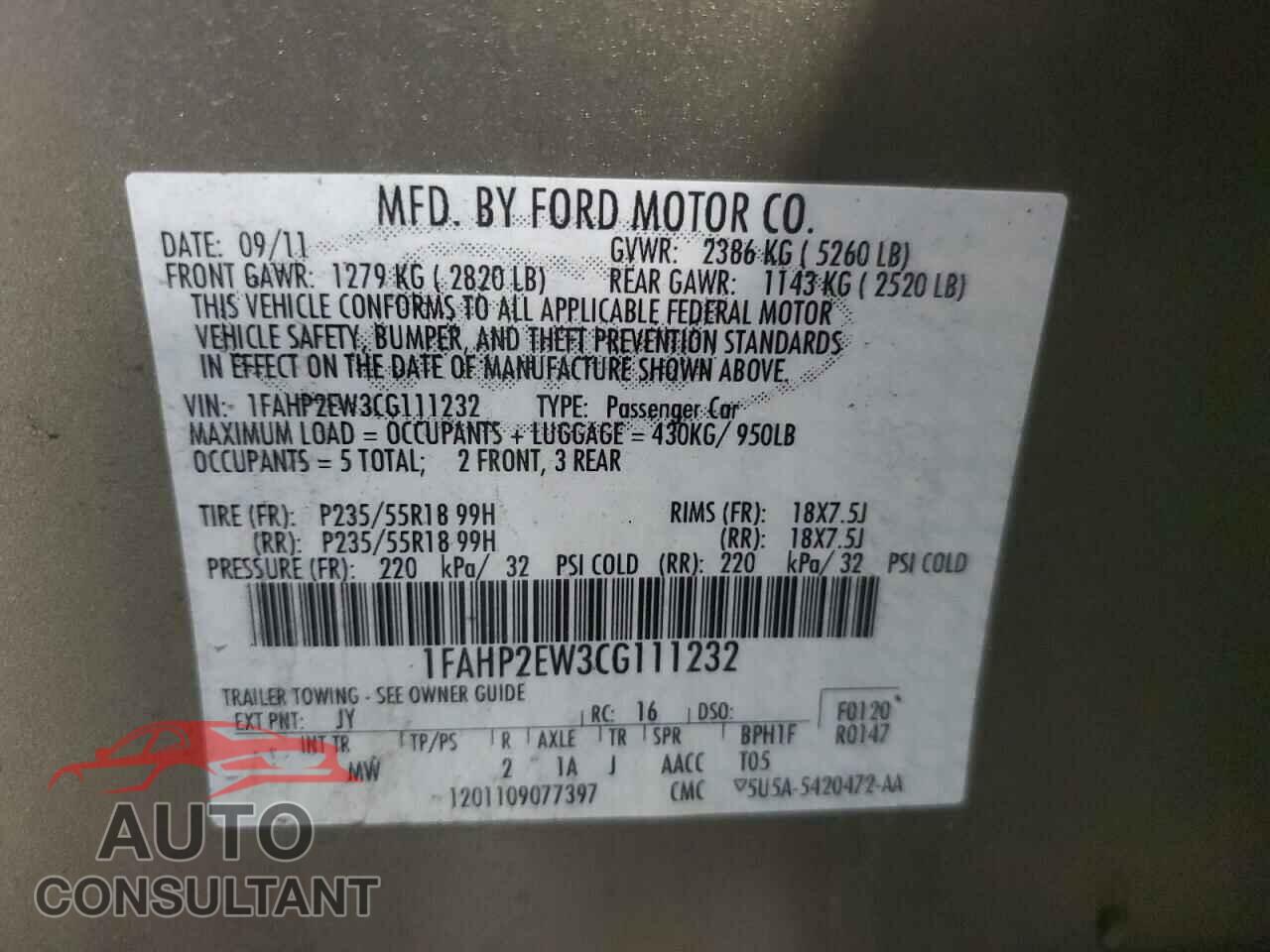 FORD TAURUS 2012 - 1FAHP2EW3CG111232