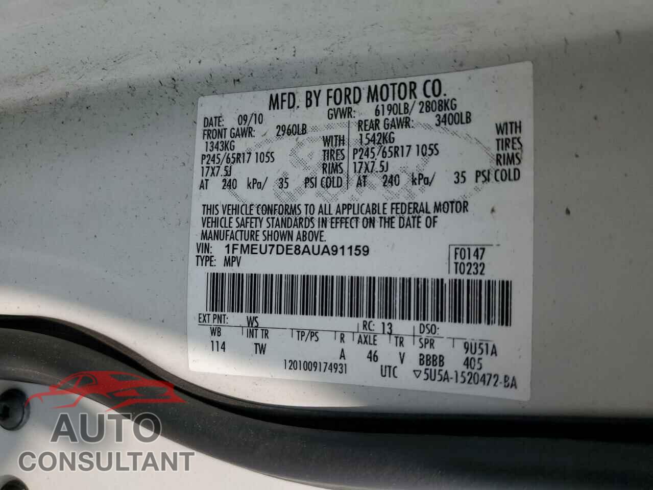 FORD EXPLORER 2010 - 1FMEU7DE8AUA91159