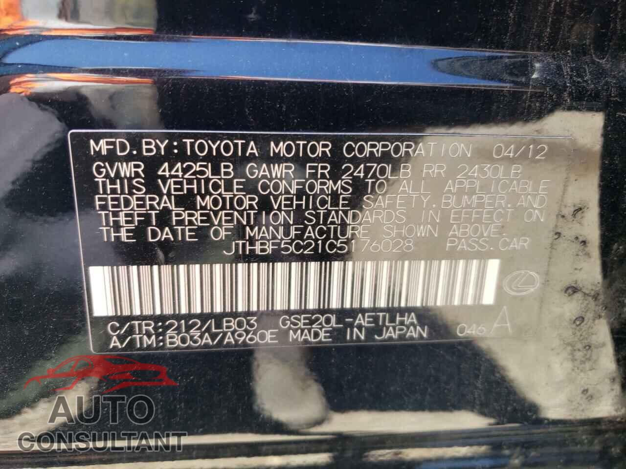 LEXUS IS 2012 - JTHBF5C21C5176028