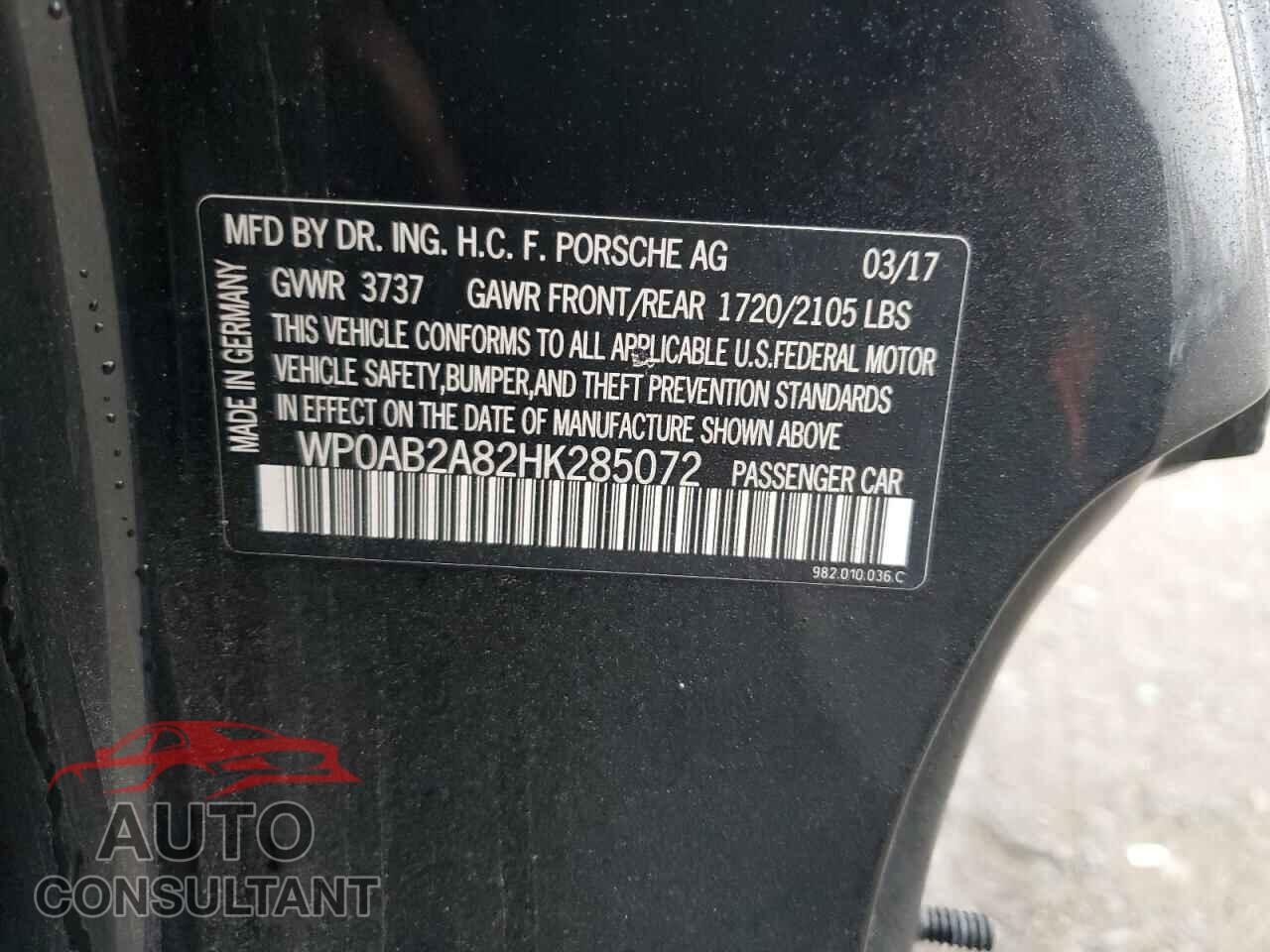PORSCHE CAYMAN 2017 - WP0AB2A82HK285072