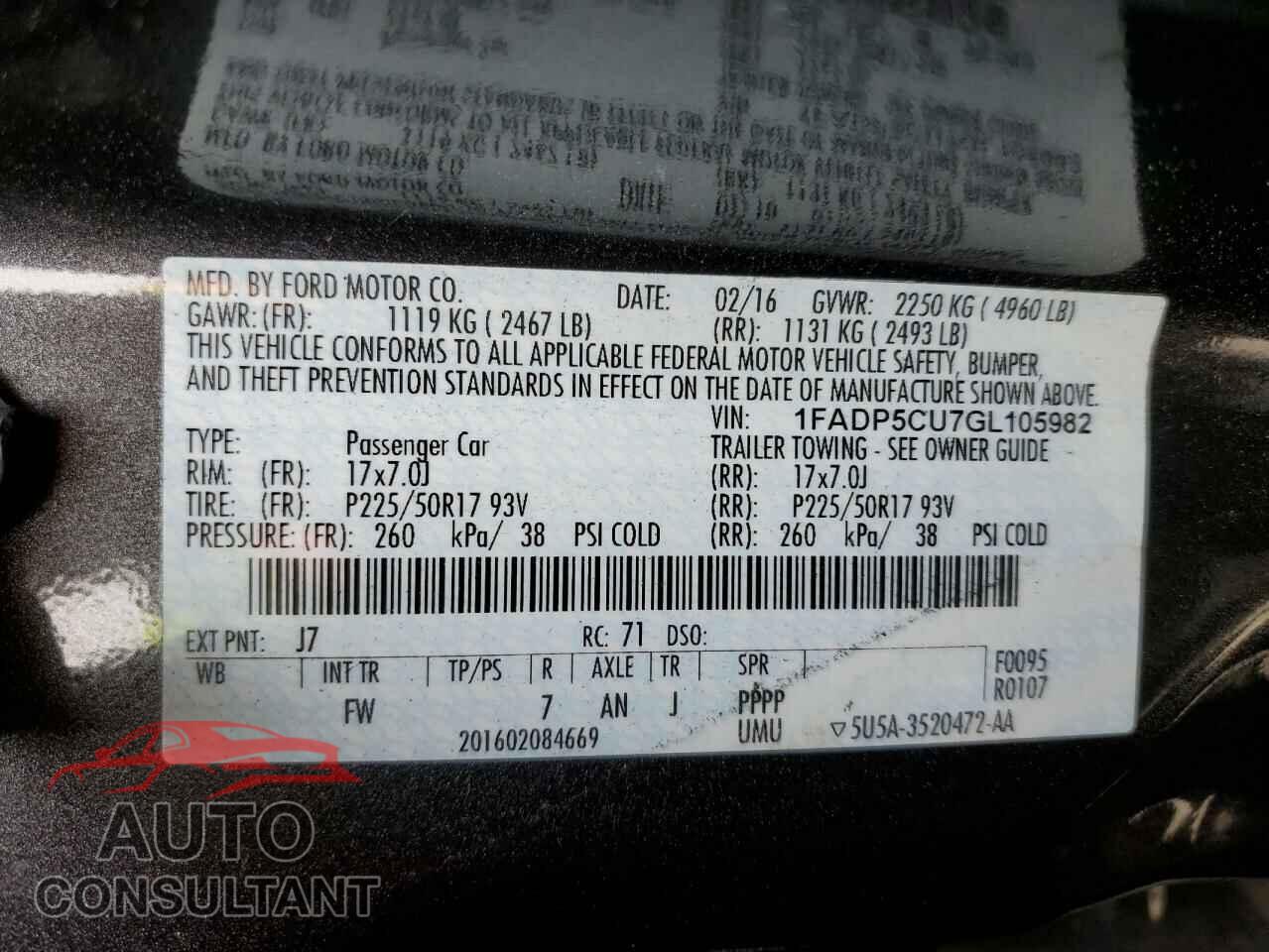 FORD CMAX 2016 - 1FADP5CU7GL105982