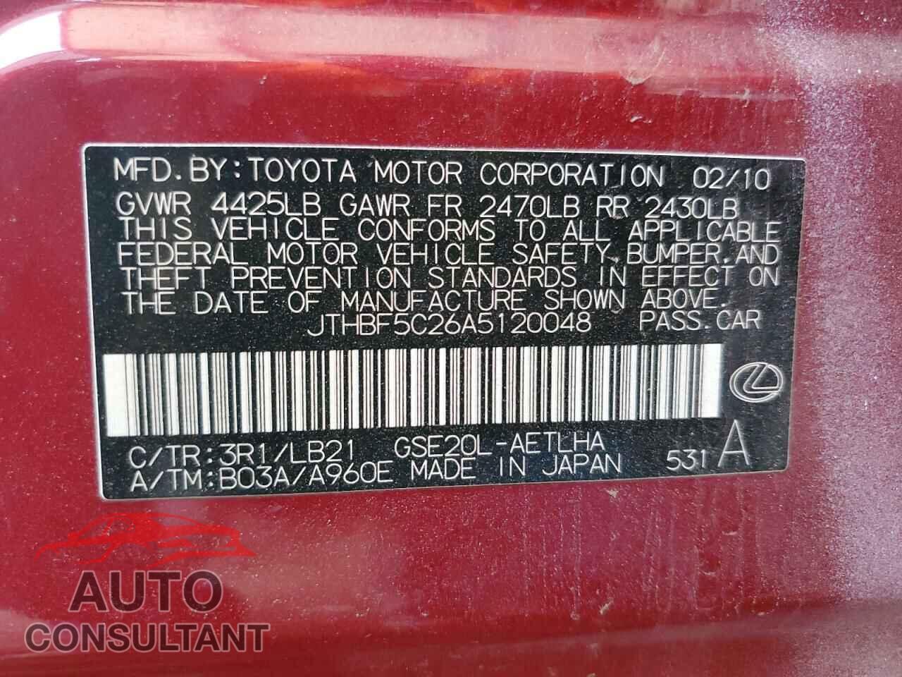 LEXUS IS 2010 - JTHBF5C26A5120048
