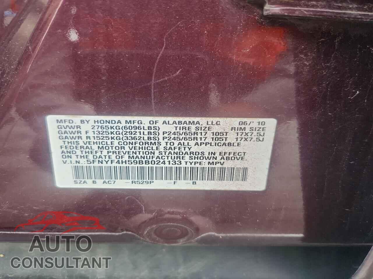 HONDA PILOT 2011 - 5FNYF4H59BB024133