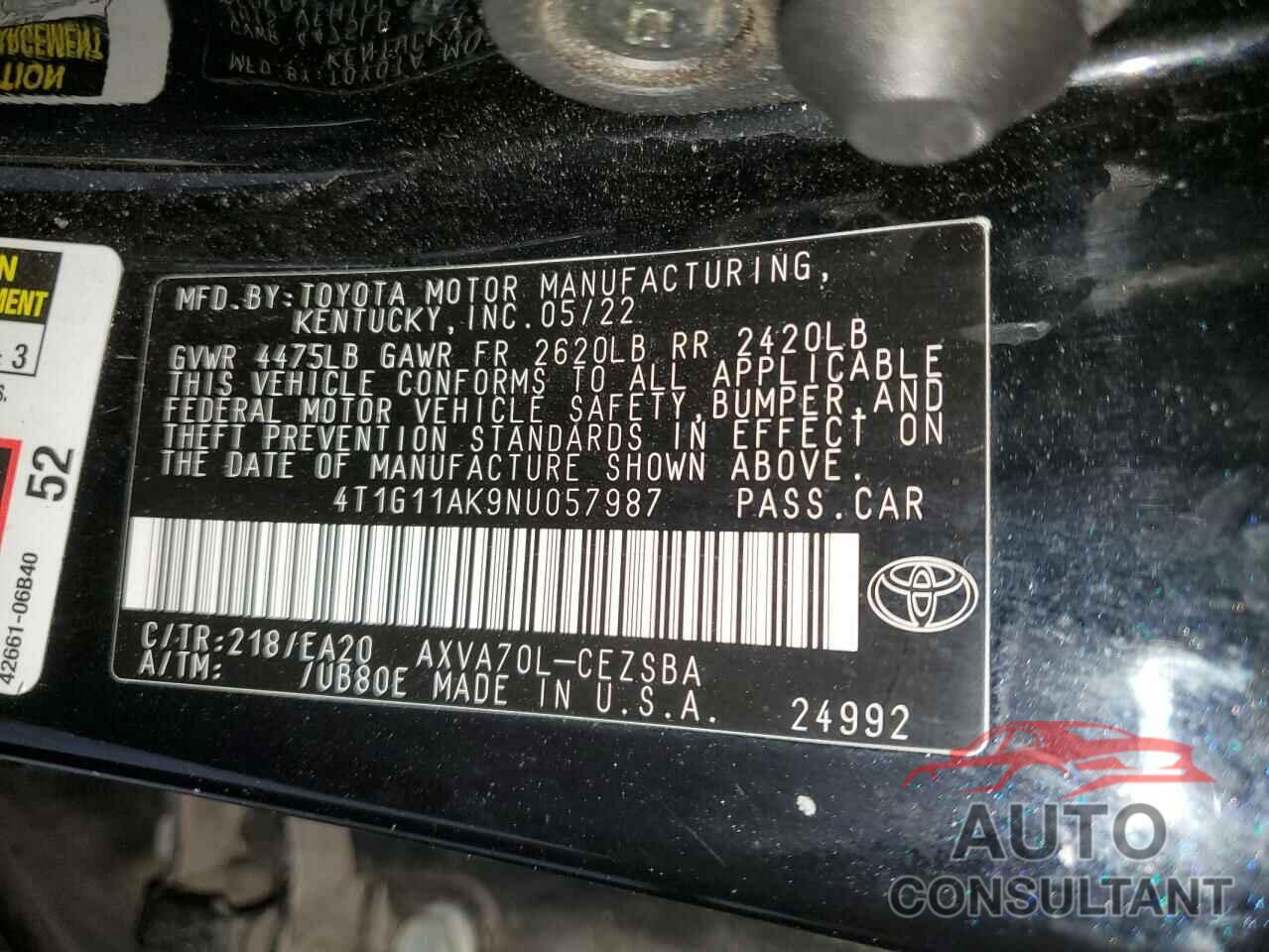 TOYOTA CAMRY 2022 - 4T1G11AK9NU057987