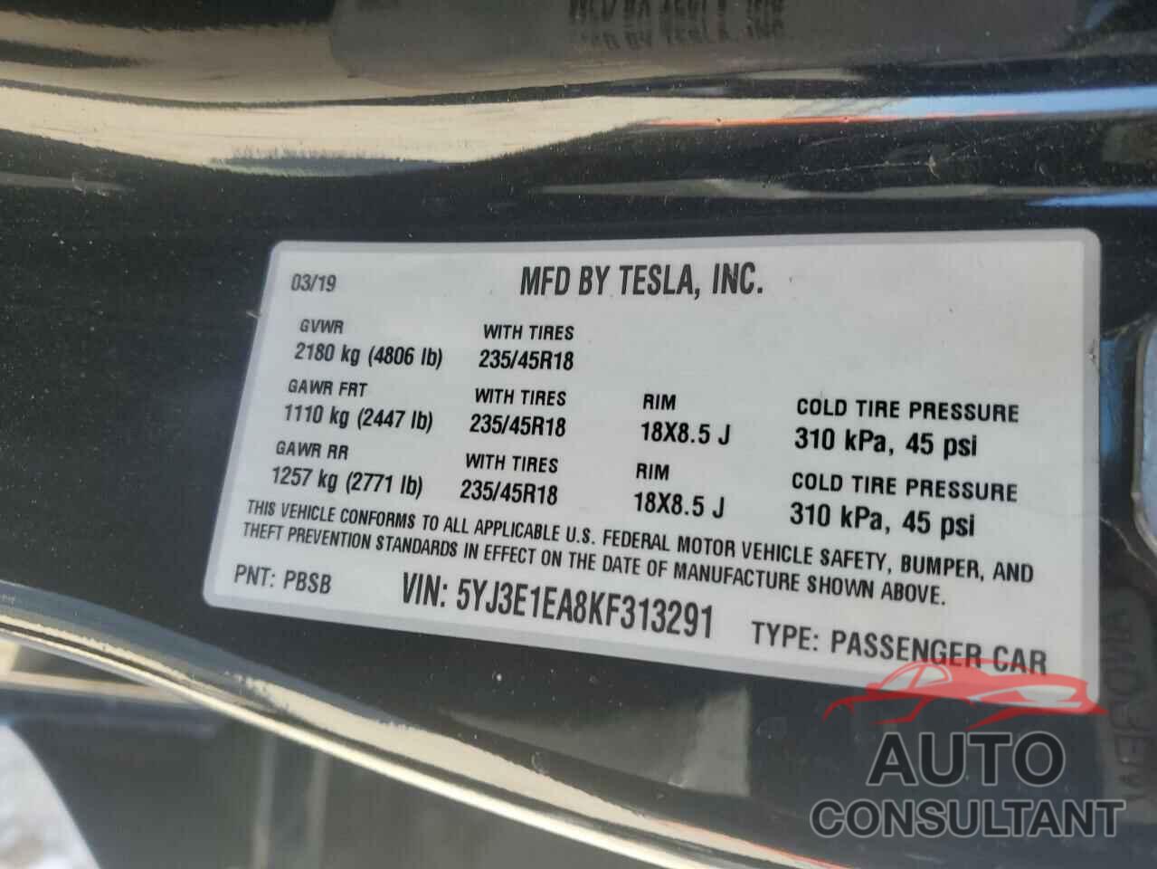 TESLA MODEL 3 2019 - 5YJ3E1EA8KF313291