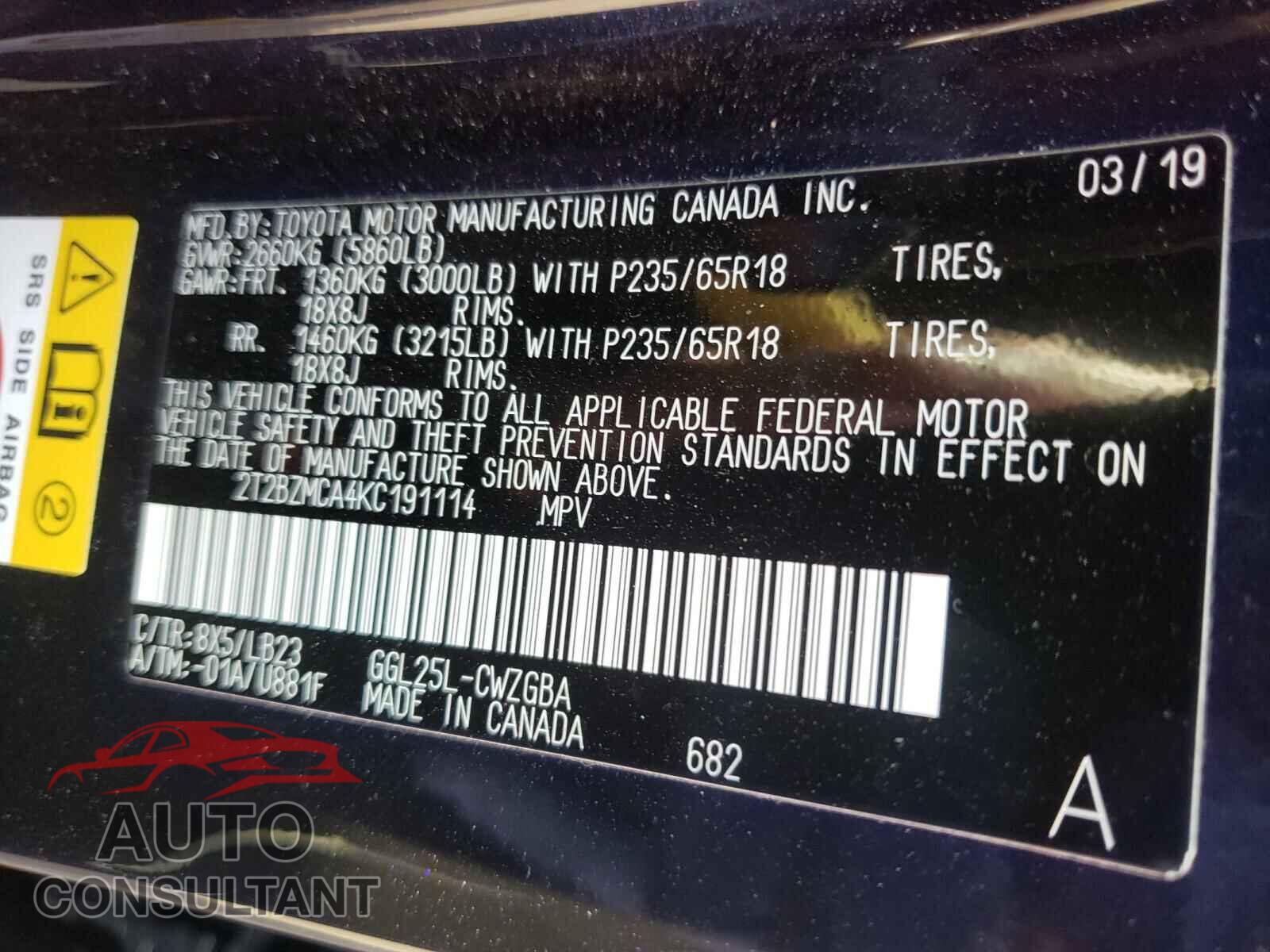 LEXUS RX350 2019 - 2T2BZMCA4KC191114