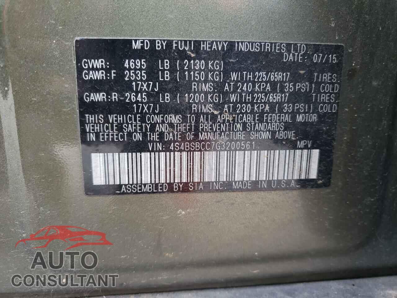 SUBARU OUTBACK 2016 - 4S4BSBCC7G3200561