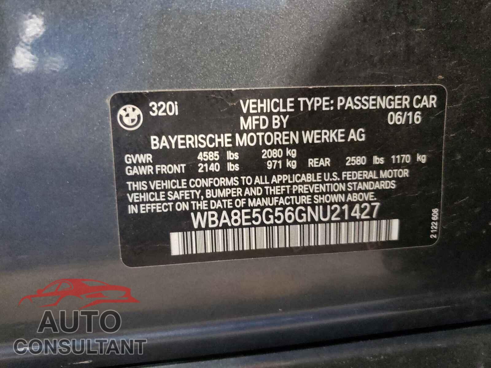 BMW 3 SERIES 2016 - WBA8E5G56GNU21427