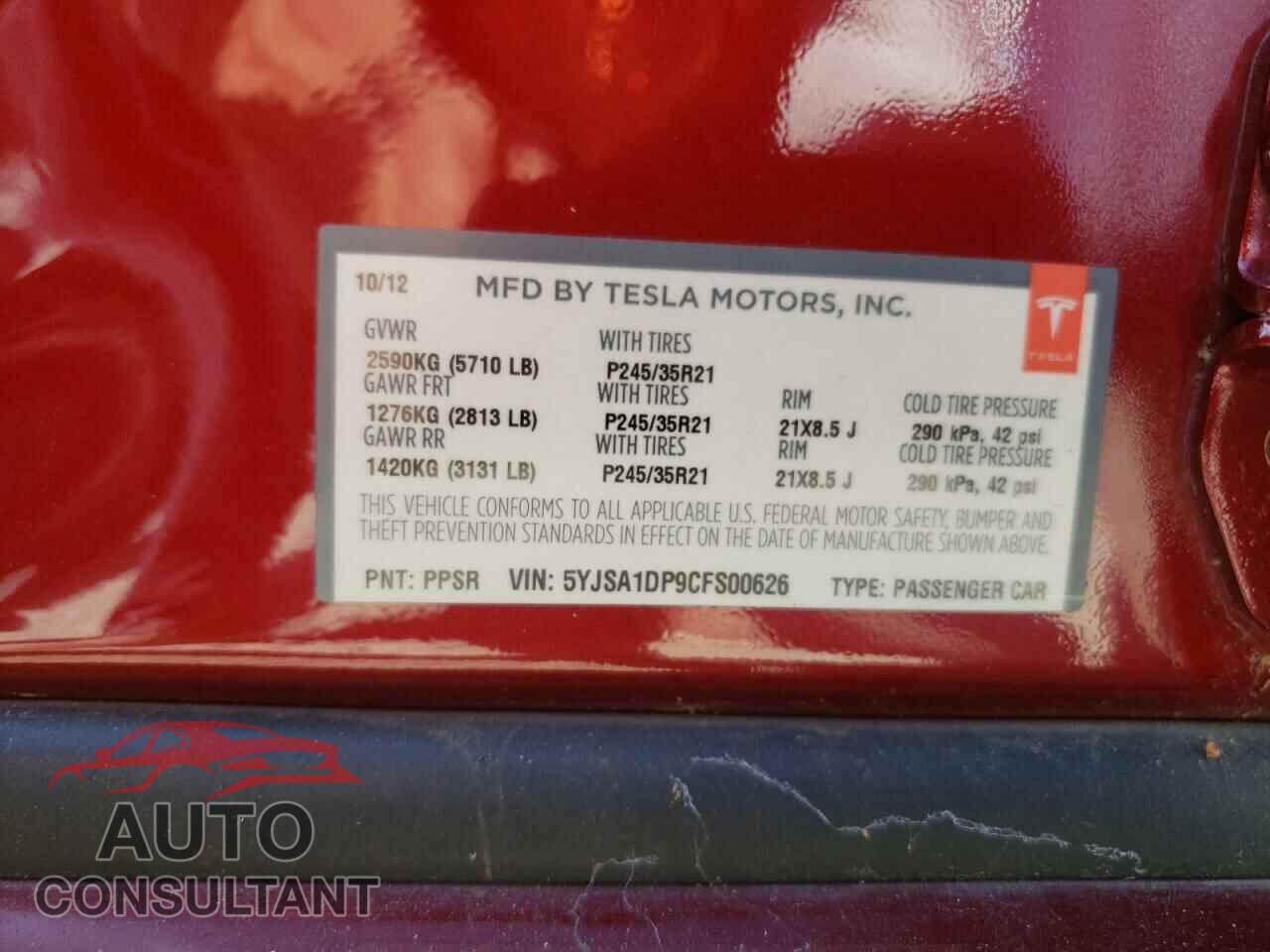 TESLA MODEL S 2012 - 5YJSA1DP9CFS00626