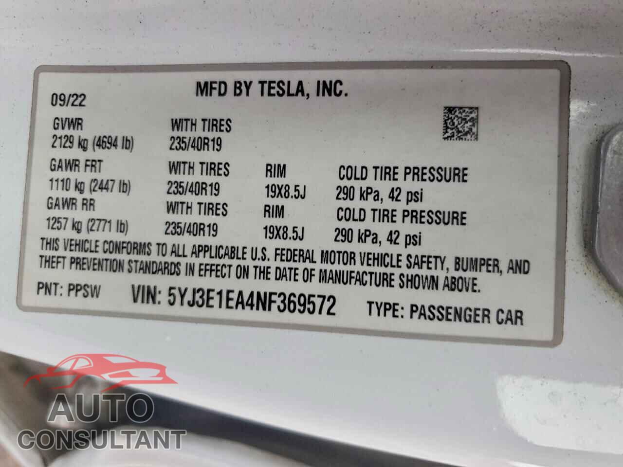 TESLA MODEL 3 2022 - 5YJ3E1EA4NF369572