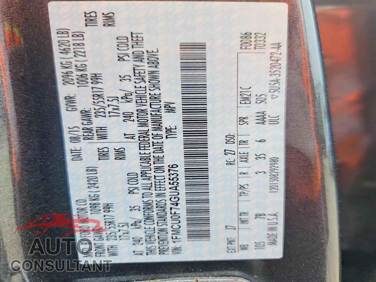 FORD ESCAPE 2016 - 1FMCU0F74GUA55376