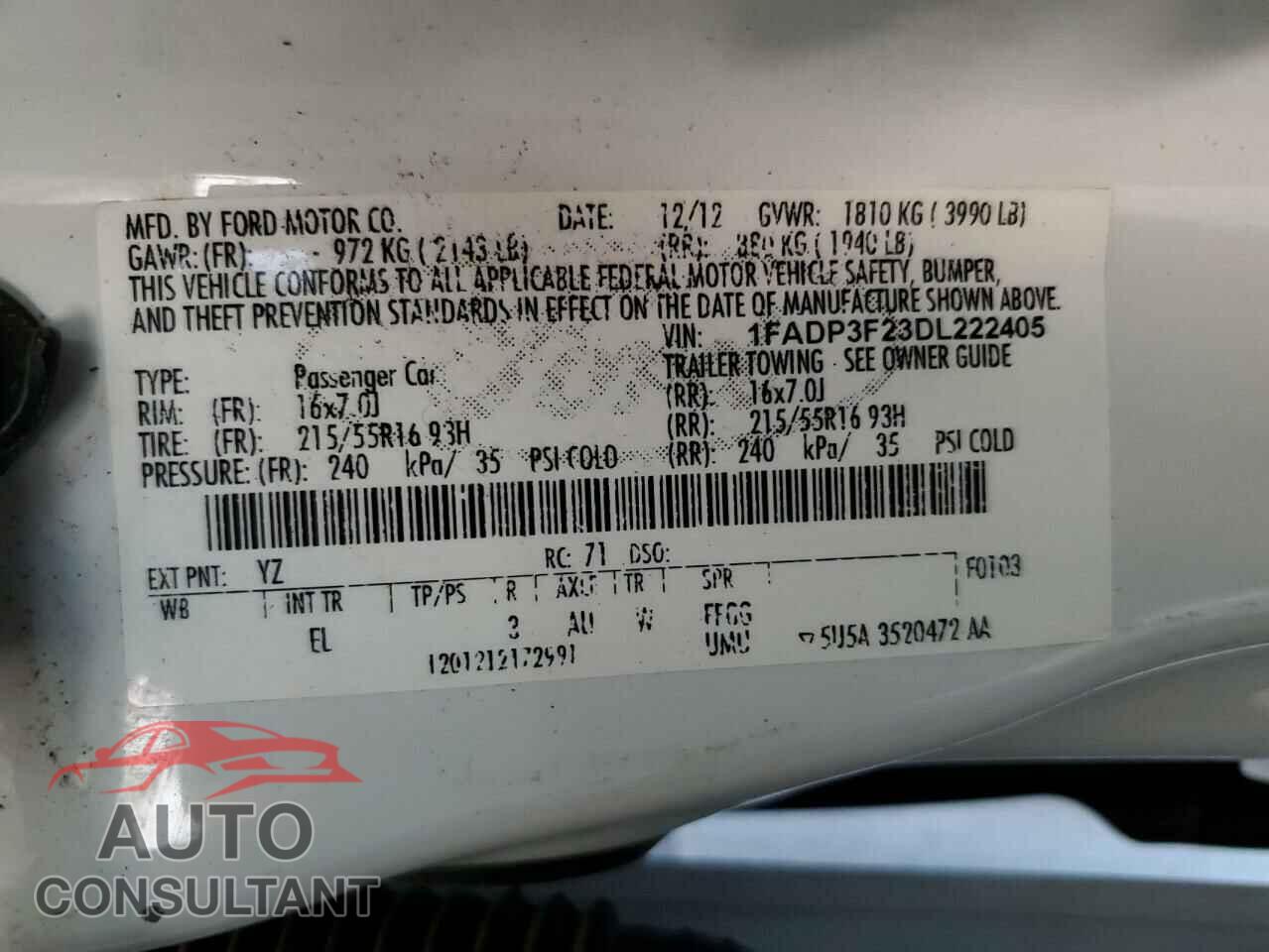 FORD FOCUS 2013 - 1FADP3F23DL222405