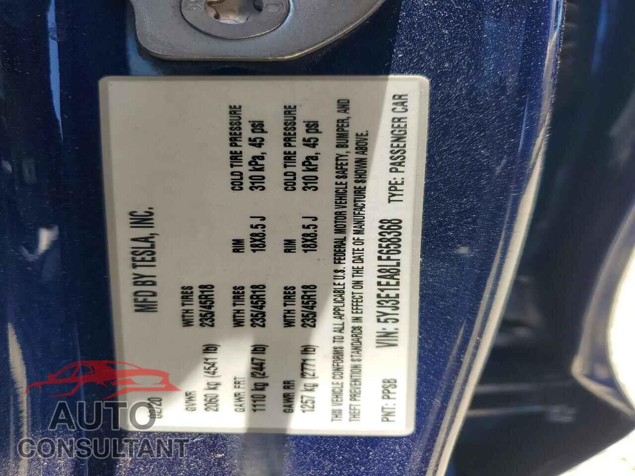 TESLA MODEL 3 2020 - 5YJ3E1EA8LF658368