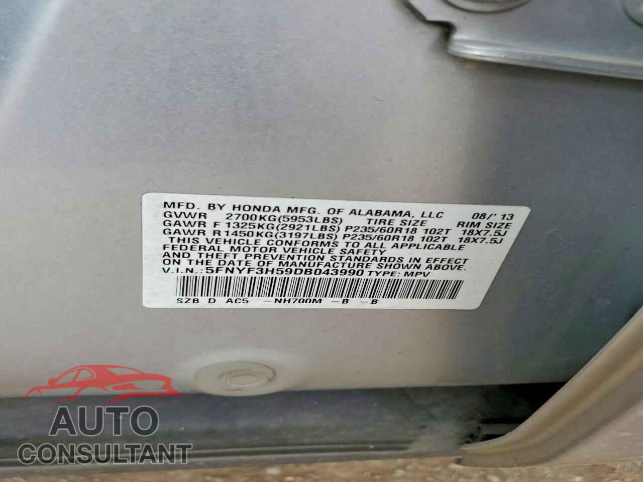 HONDA PILOT 2013 - 5FNYF3H59DB043990