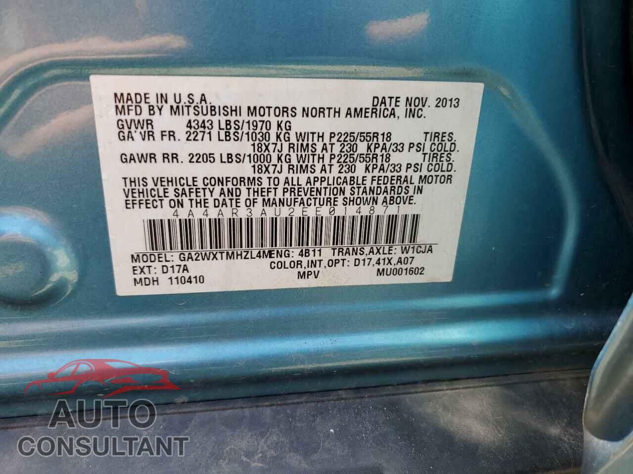MITSUBISHI OUTLANDER 2014 - 4A4AR3AU2EE014871