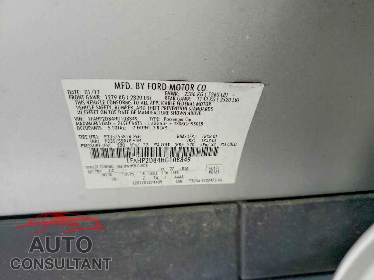 FORD TAURUS 2017 - 1FAHP2D84HG108849