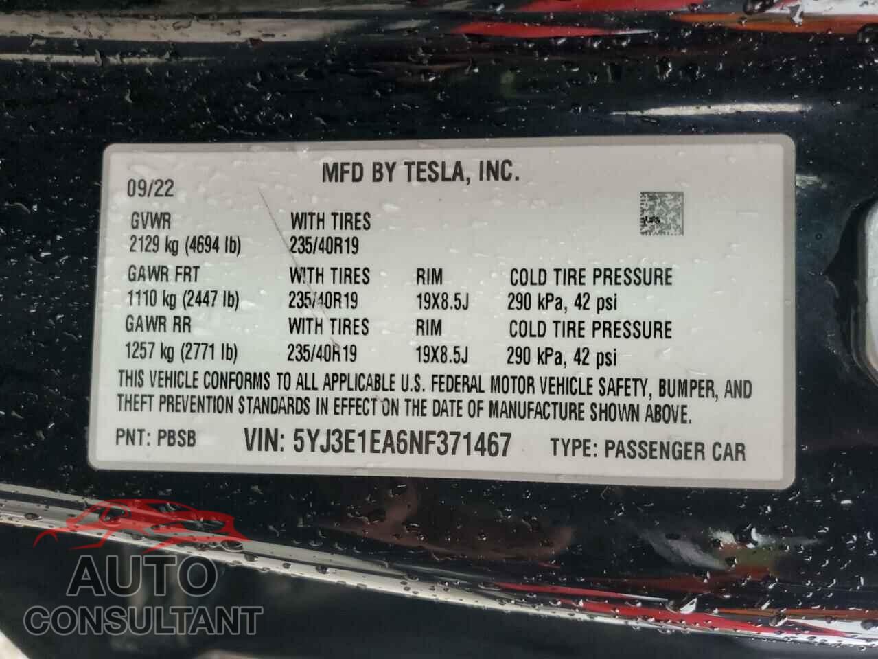 TESLA MODEL 3 2022 - 5YJ3E1EA6NF371467