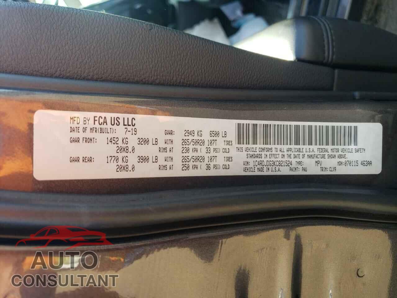 DODGE DURANGO 2019 - 1C4RDJDG3KC821524