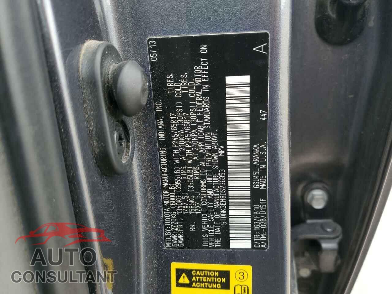 TOYOTA HIGHLANDER 2013 - 5TDBK3EH8DS236353