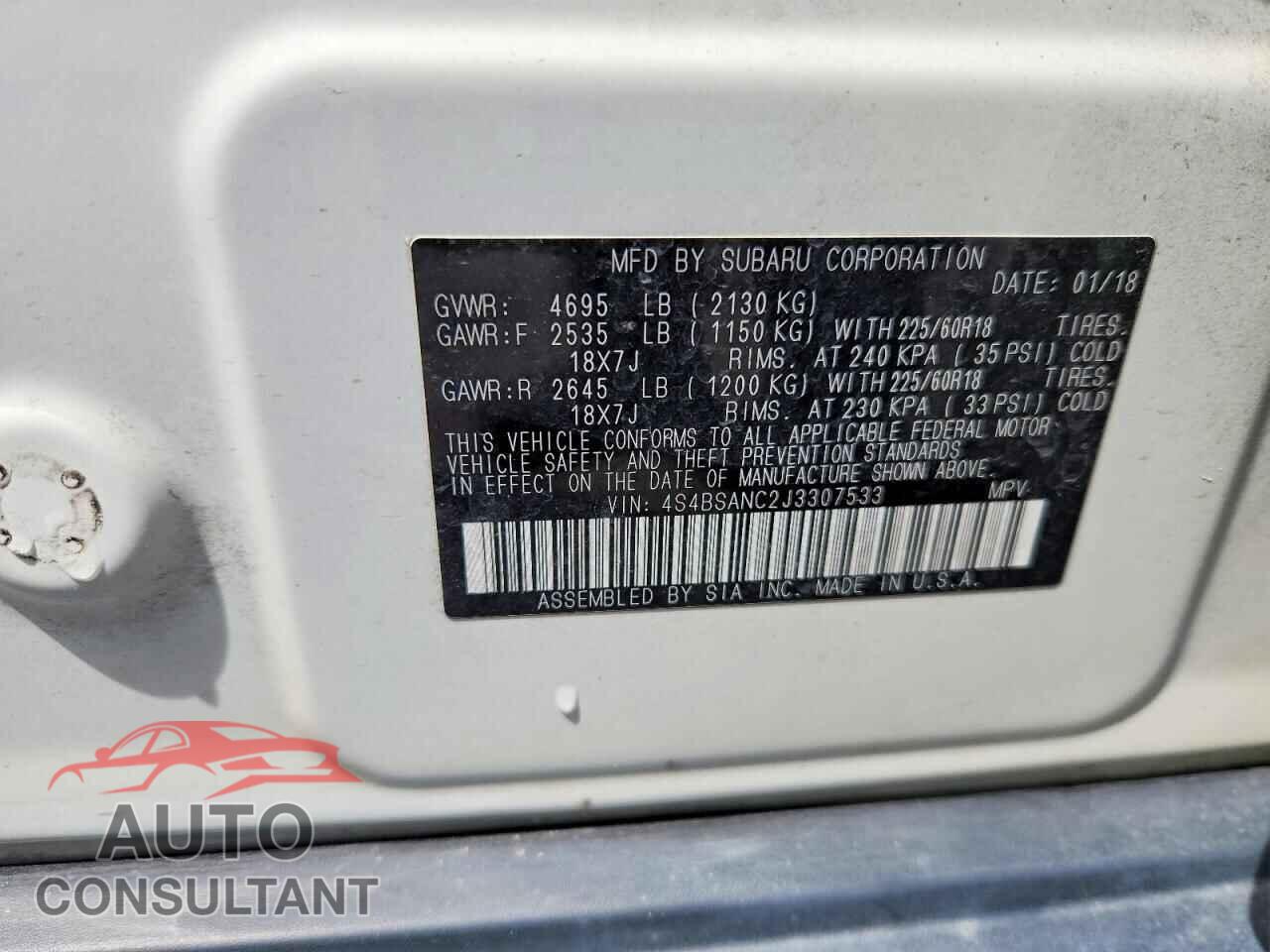 SUBARU OUTBACK 2018 - 4S4BSANC2J3307533