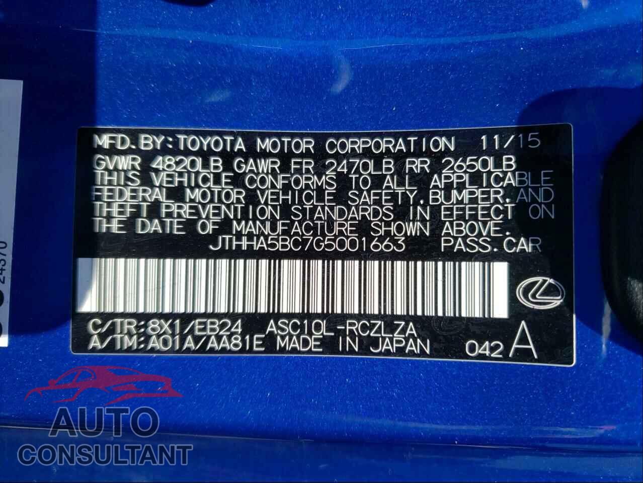 LEXUS RC 2016 - JTHHA5BC7G5001663