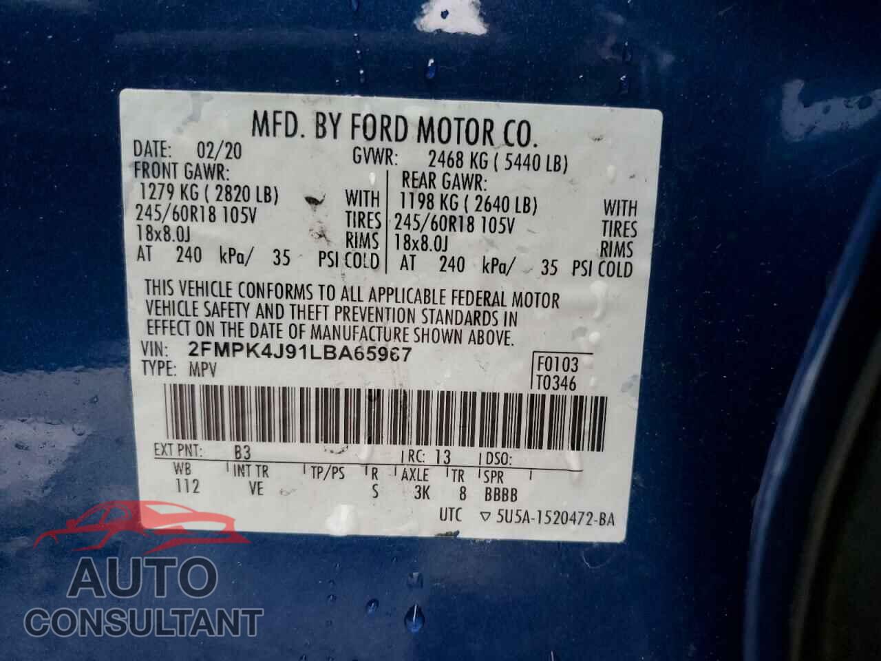 FORD EDGE 2020 - 2FMPK4J91LBA65967