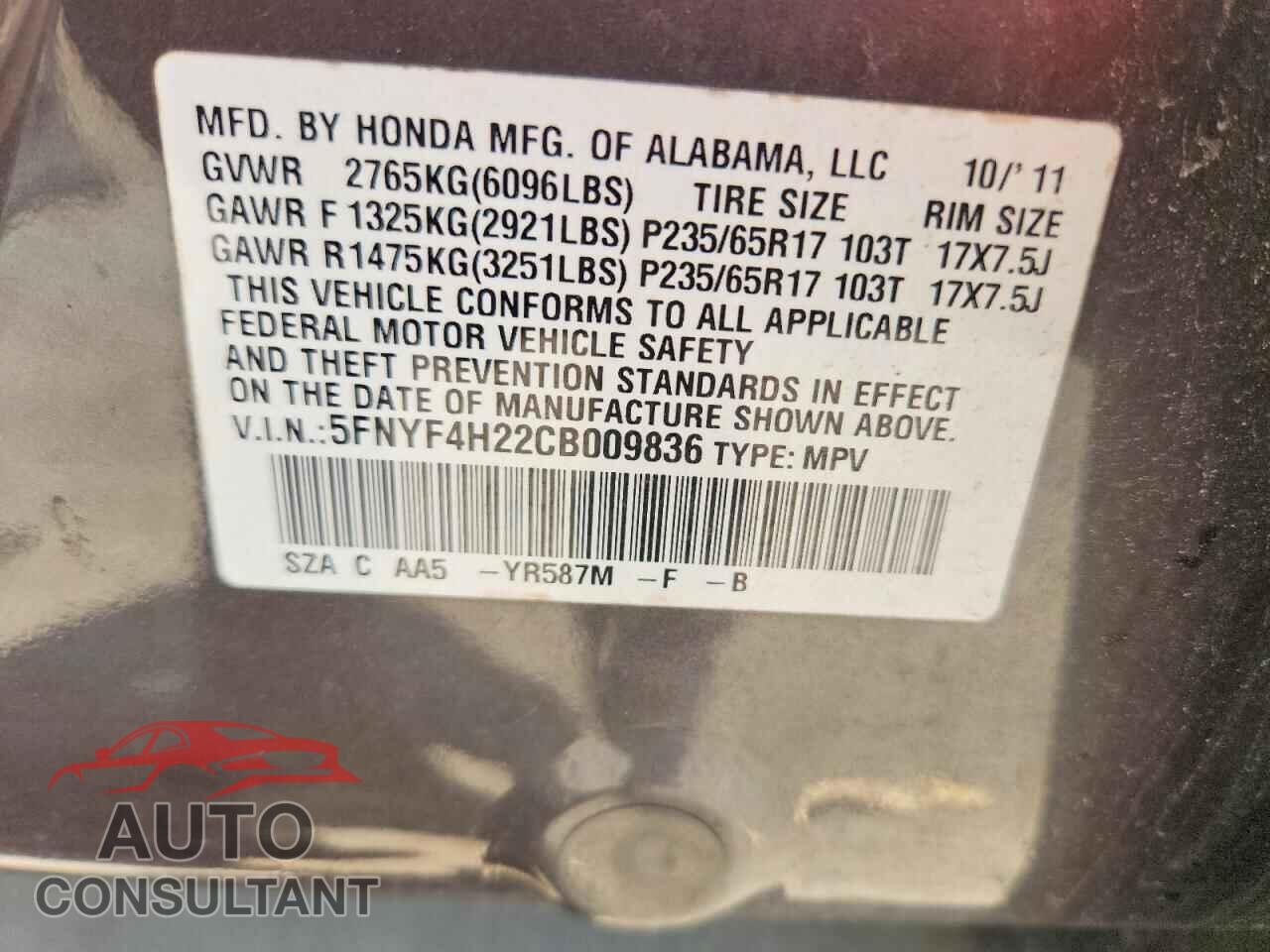 HONDA PILOT 2012 - 5FNYF4H22CB009836