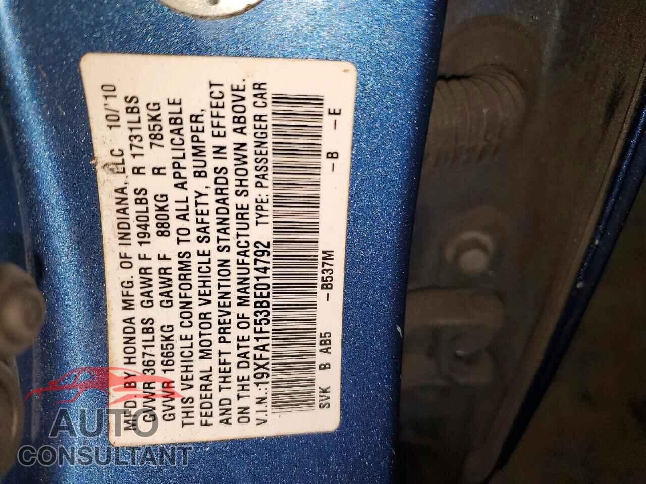 HONDA CIVIC 2011 - 19XFA1F53BE014792