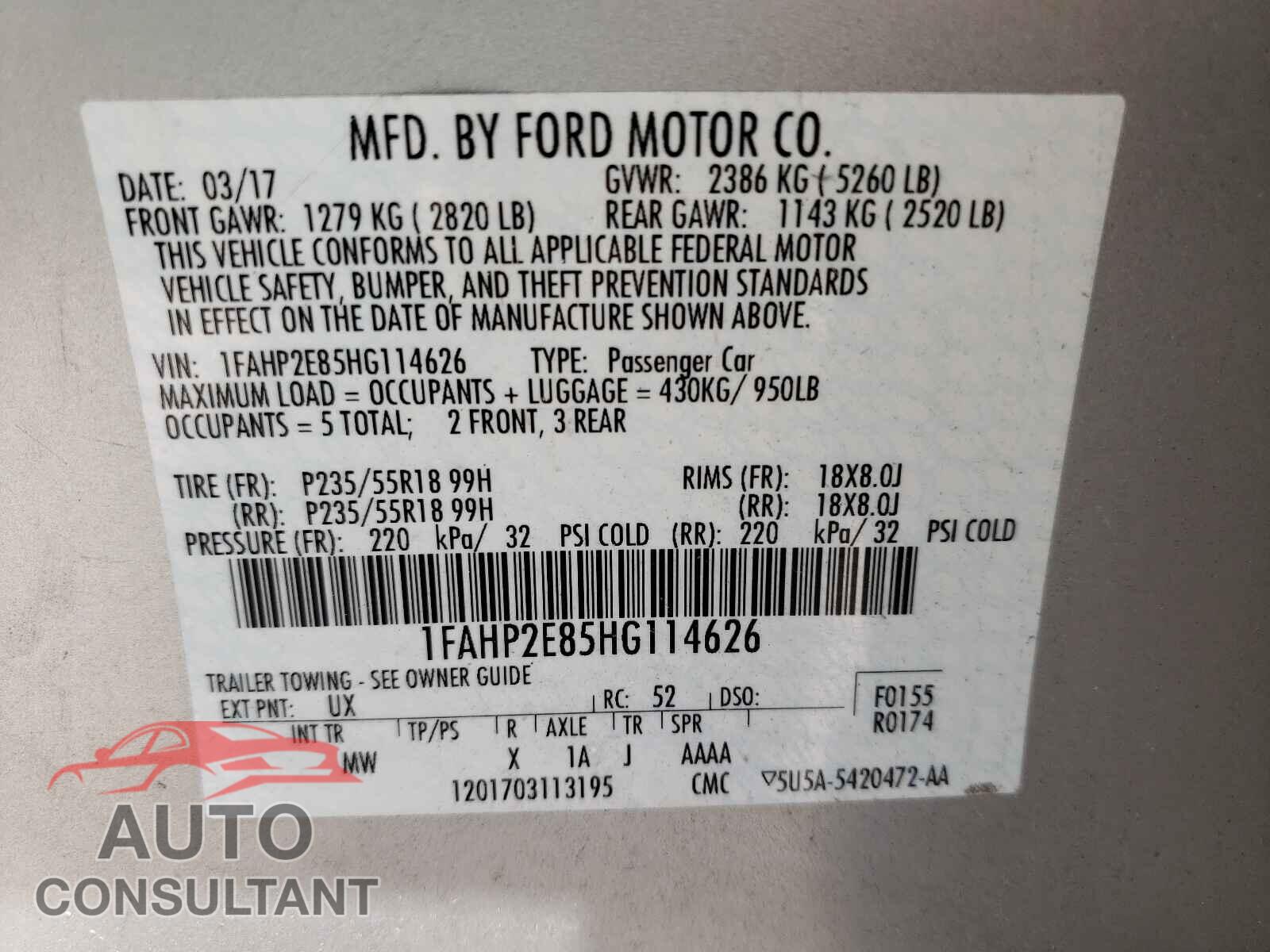 FORD TAURUS 2017 - 1FAHP2E85HG114626
