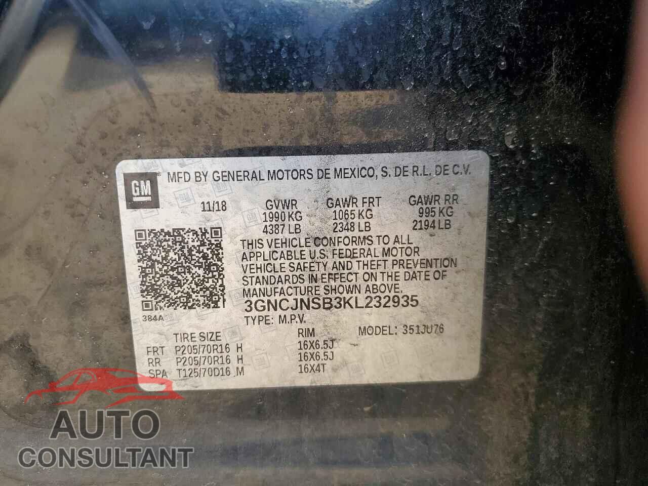 CHEVROLET TRAX 2019 - 3GNCJNSB3KL232935