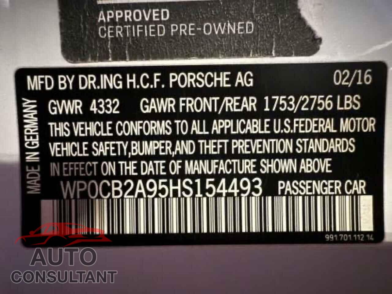 PORSCHE 911 2017 - WP0CB2A95HS154493