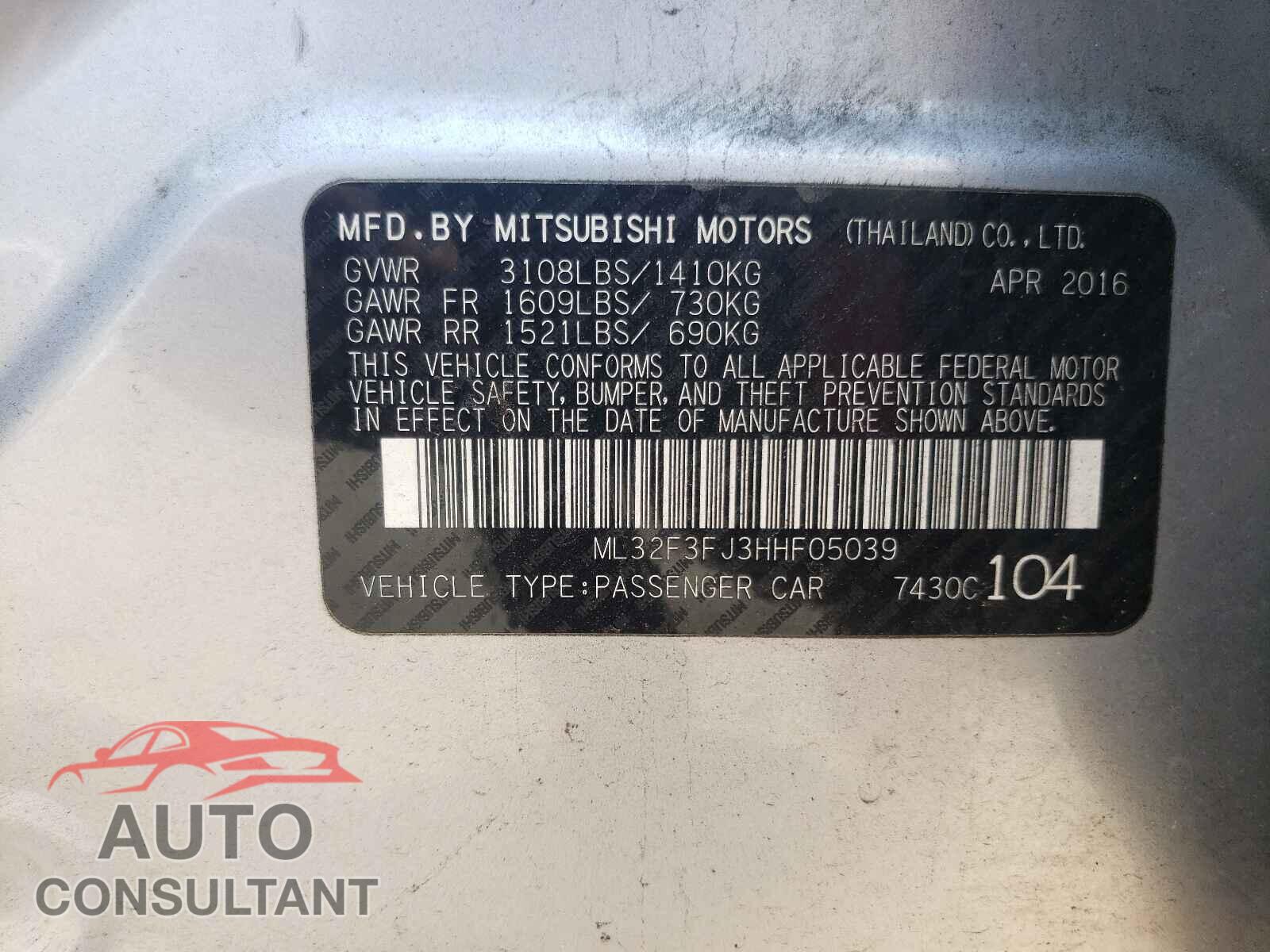 MITSUBISHI MIRAGE 2017 - ML32F3FJ3HHF05039