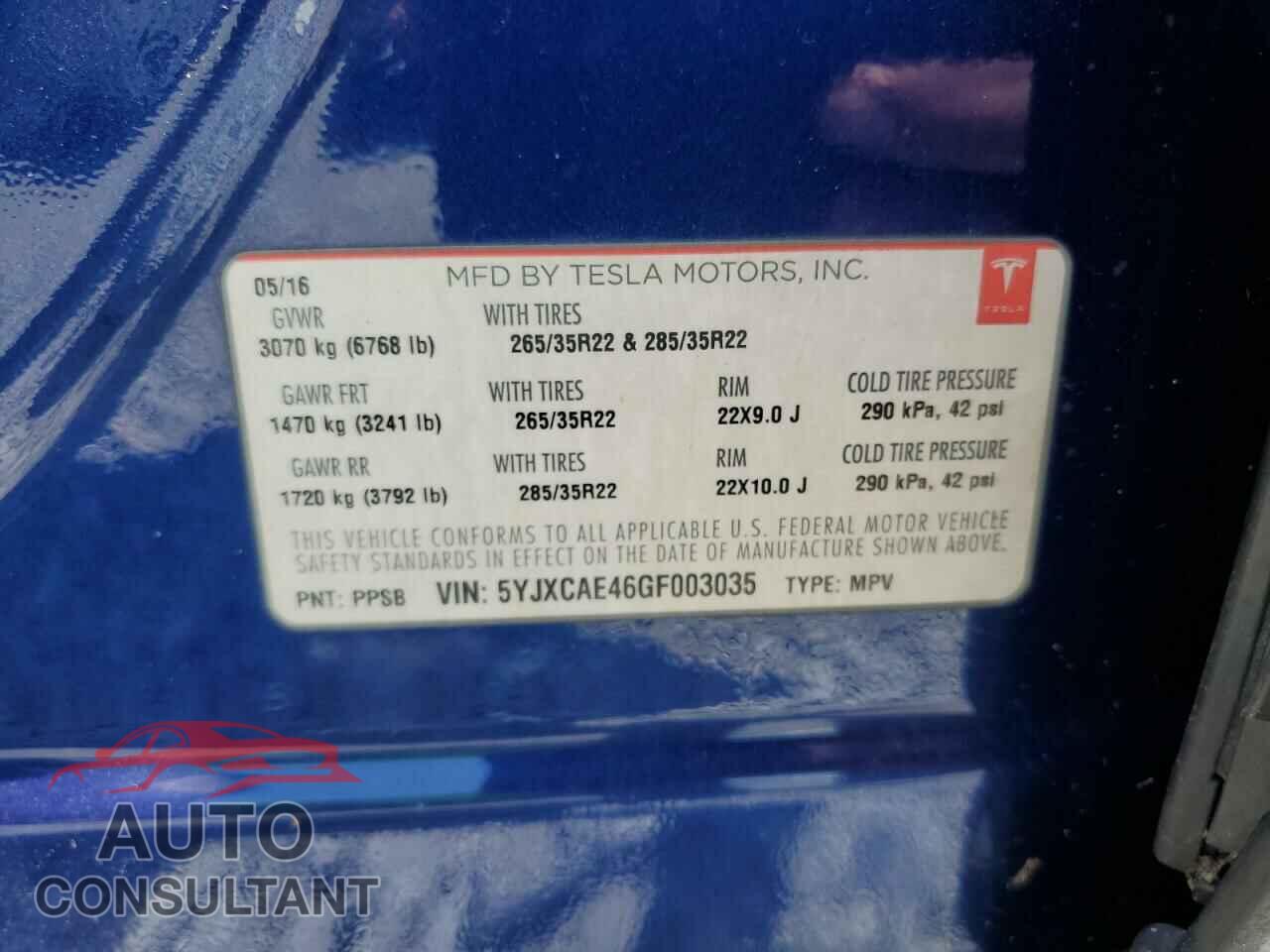 TESLA MODEL X 2016 - 5YJXCAE46GF003035
