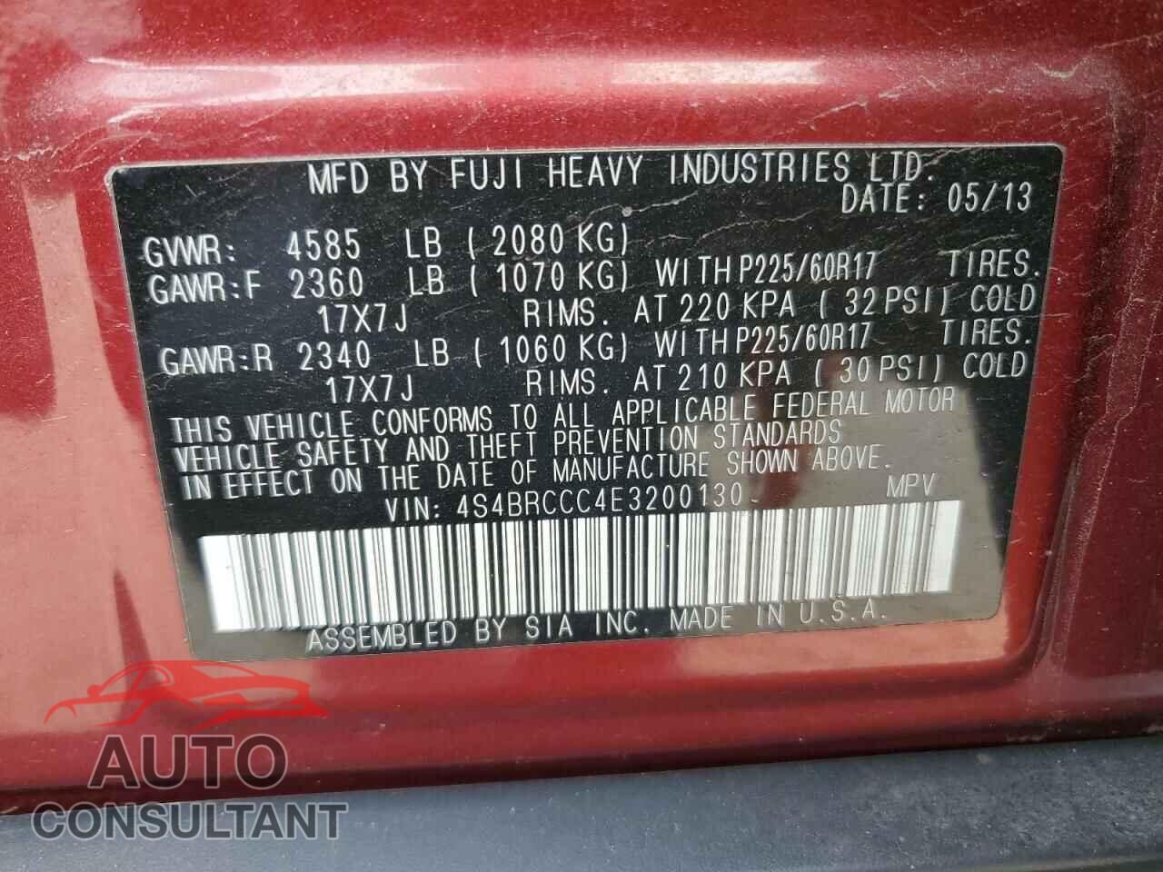 SUBARU OUTBACK 2014 - 4S4BRCCC4E3200130
