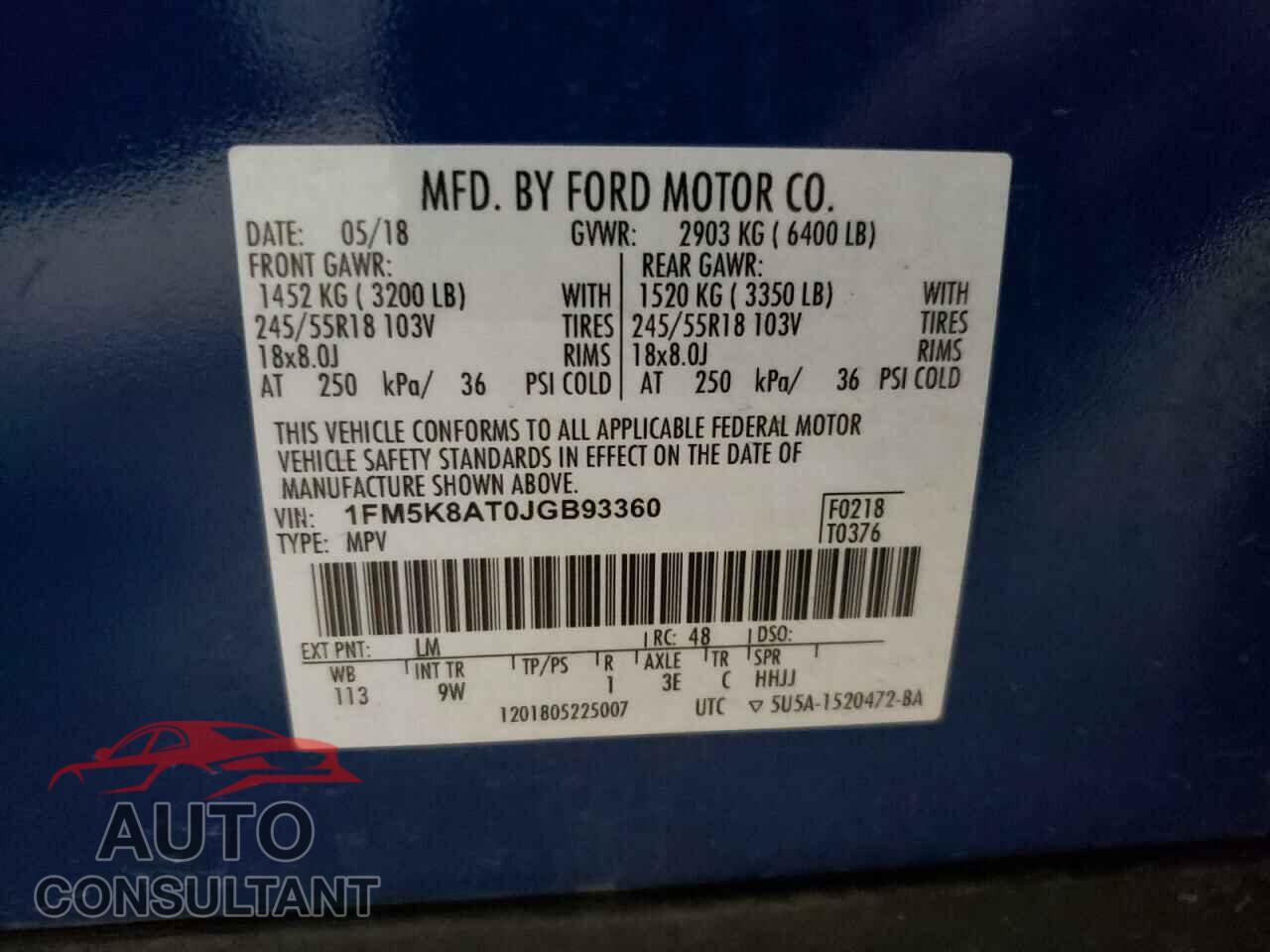 FORD EXPLORER 2018 - 1FM5K8AT0JGB93360
