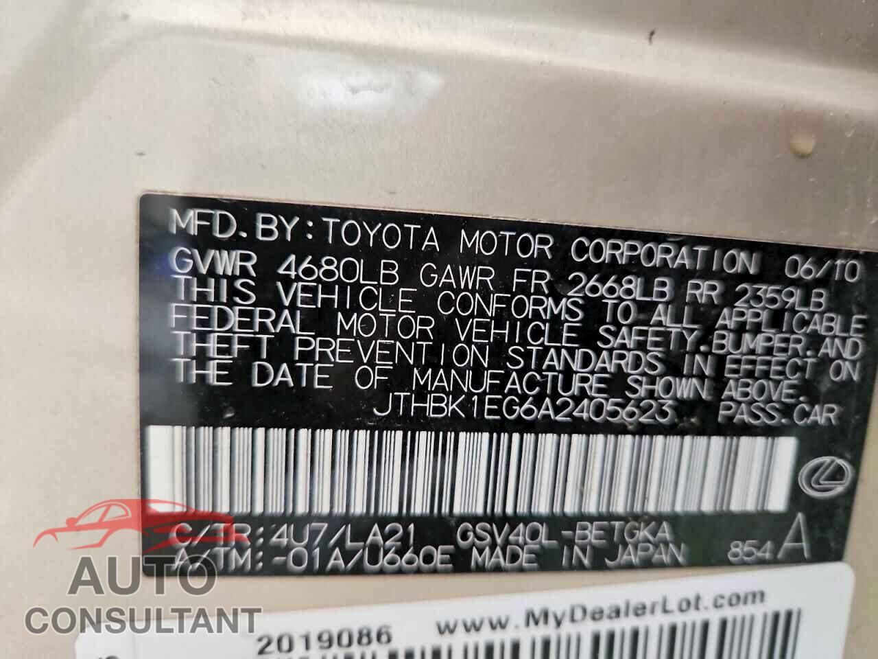 LEXUS ES350 2010 - JTHBK1EG6A2405623