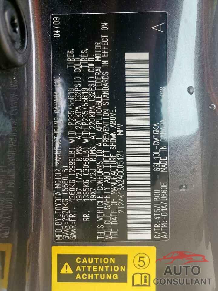 LEXUS RX350 2010 - 2T2ZK1BA2AC005121