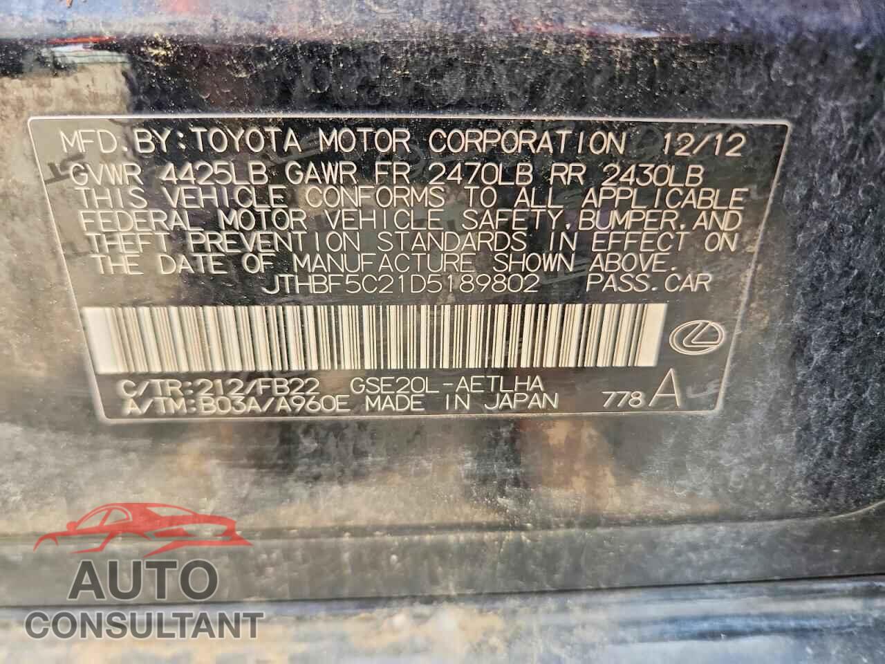 LEXUS IS 2013 - JTHBF5C21D5189802