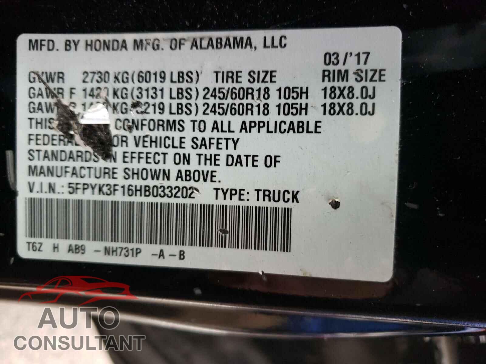 HONDA RIDGELINE 2017 - 5FPYK3F16HB033202