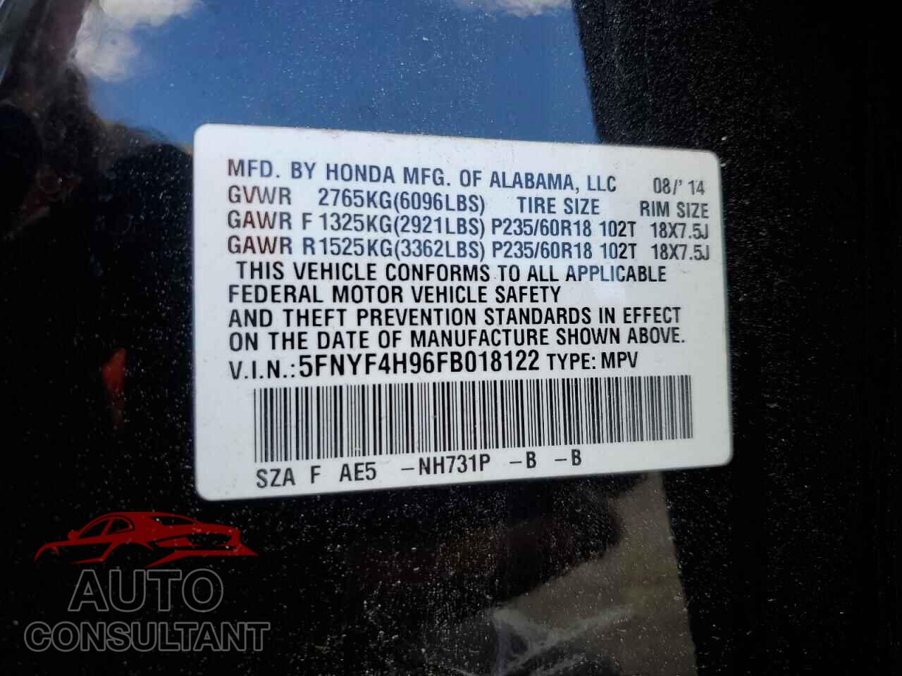 HONDA PILOT 2015 - 5FNYF4H96FB018122