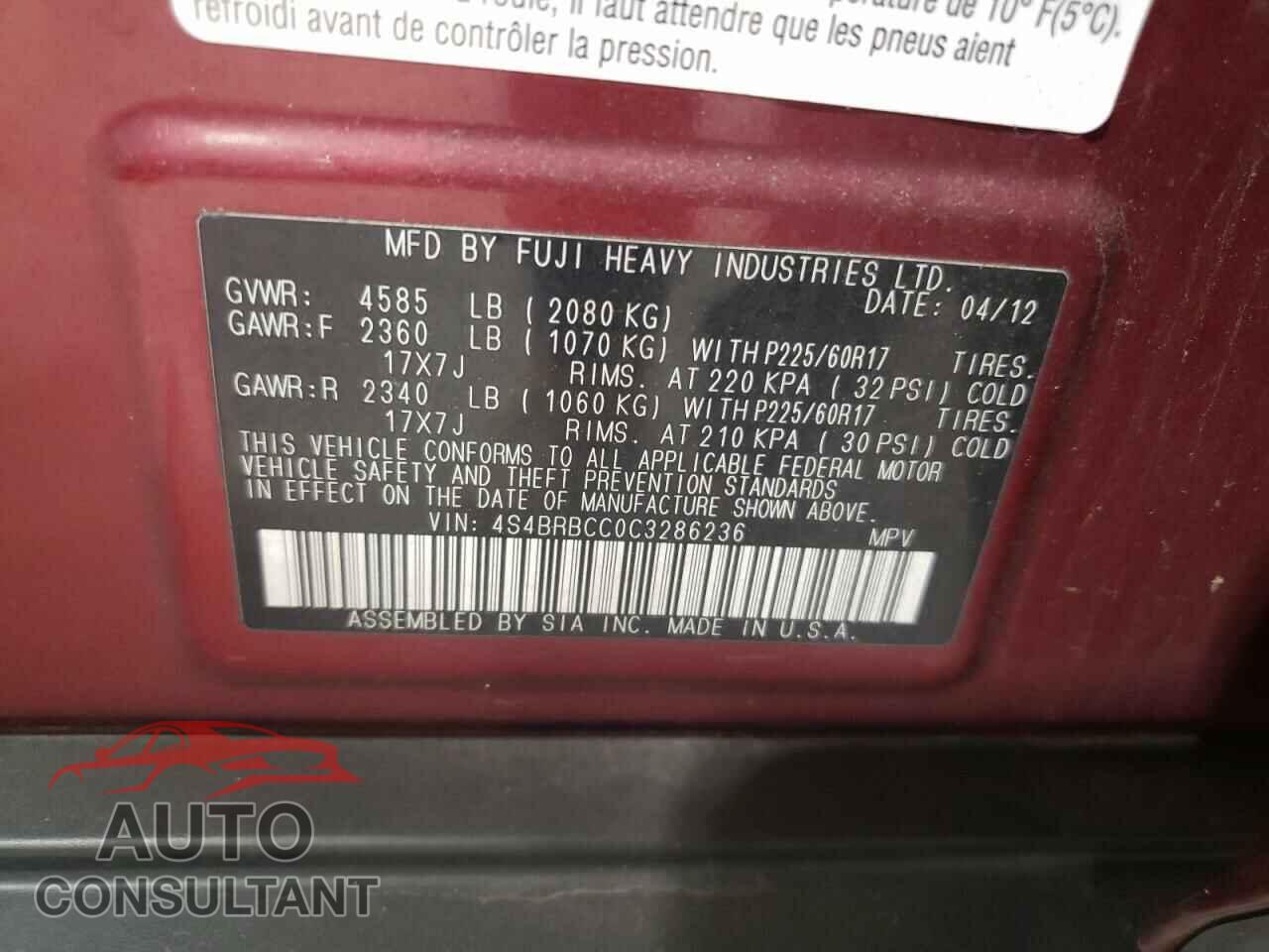 SUBARU OUTBACK 2012 - 4S4BRBCC0C3286236