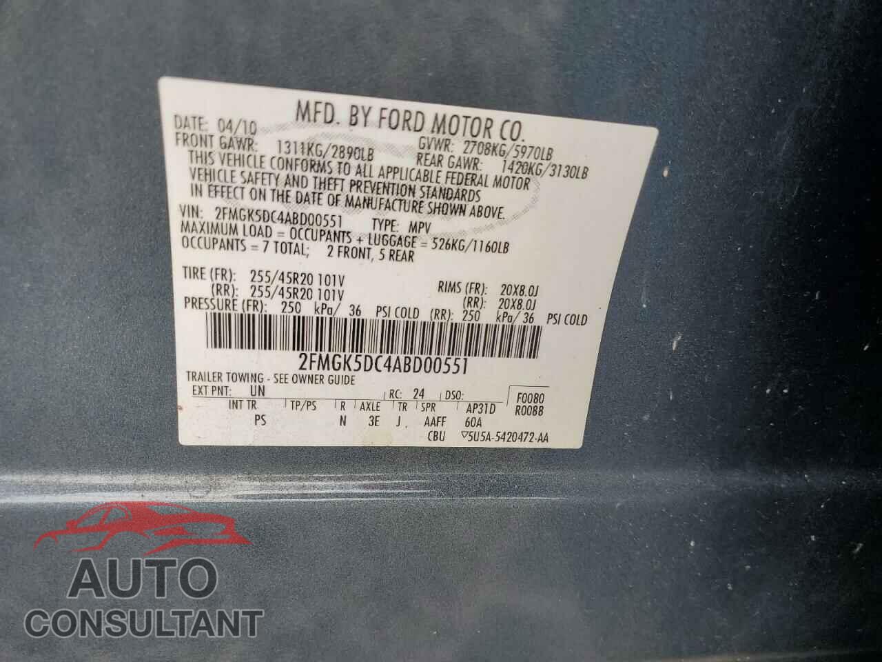 FORD FLEX 2010 - 2FMGK5DC4ABD00551