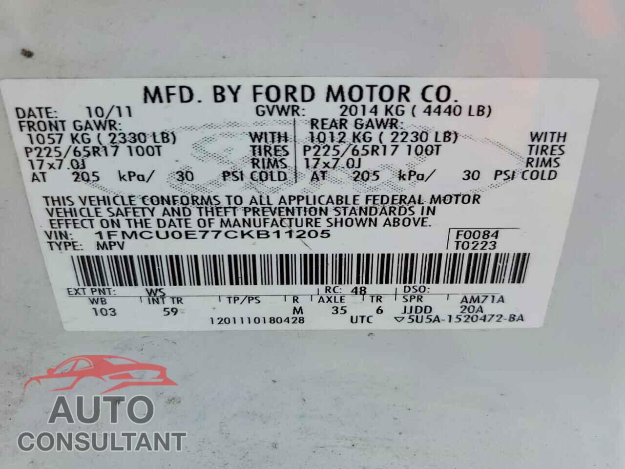 FORD ESCAPE 2012 - 1FMCU0E77CKB11205